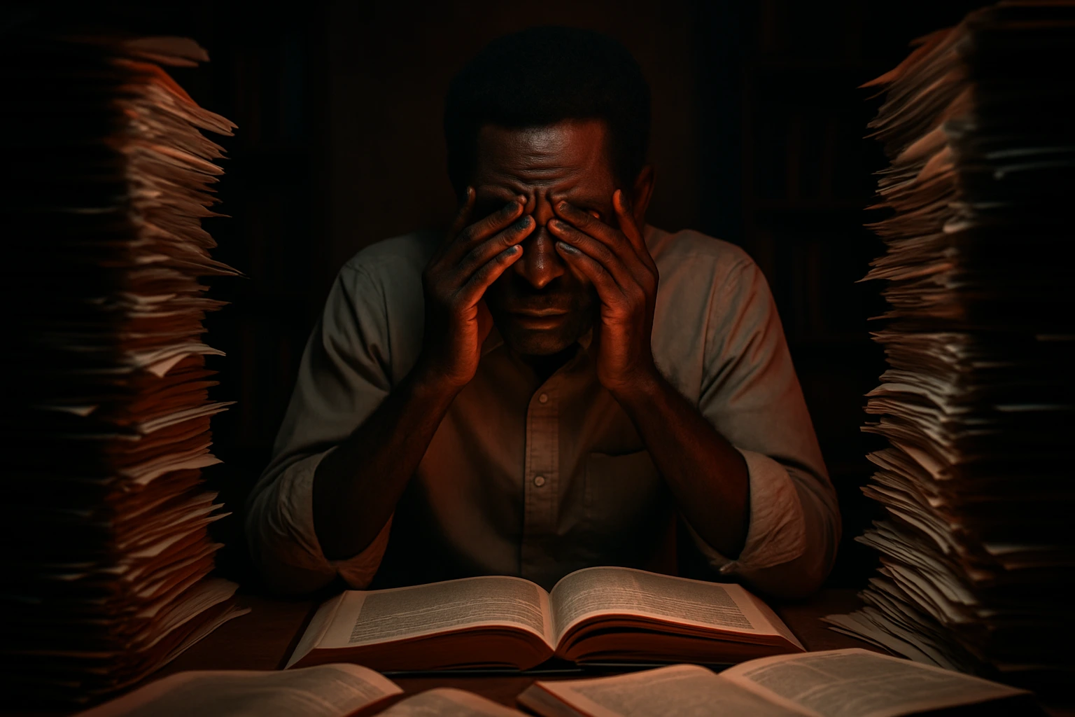 Profesor agotado y sobrecargado de trabajo